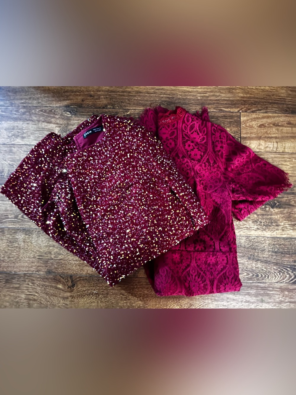 SHEIN Burgundy Sequin Sweater & Lace Top Set